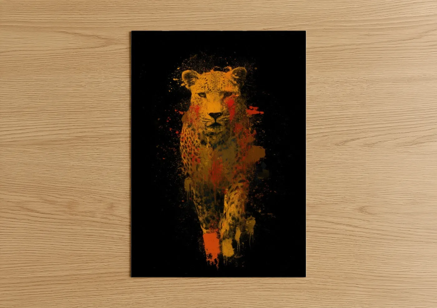 Art print on warm oak wood — gold and red palette — Crimson Leopard poster