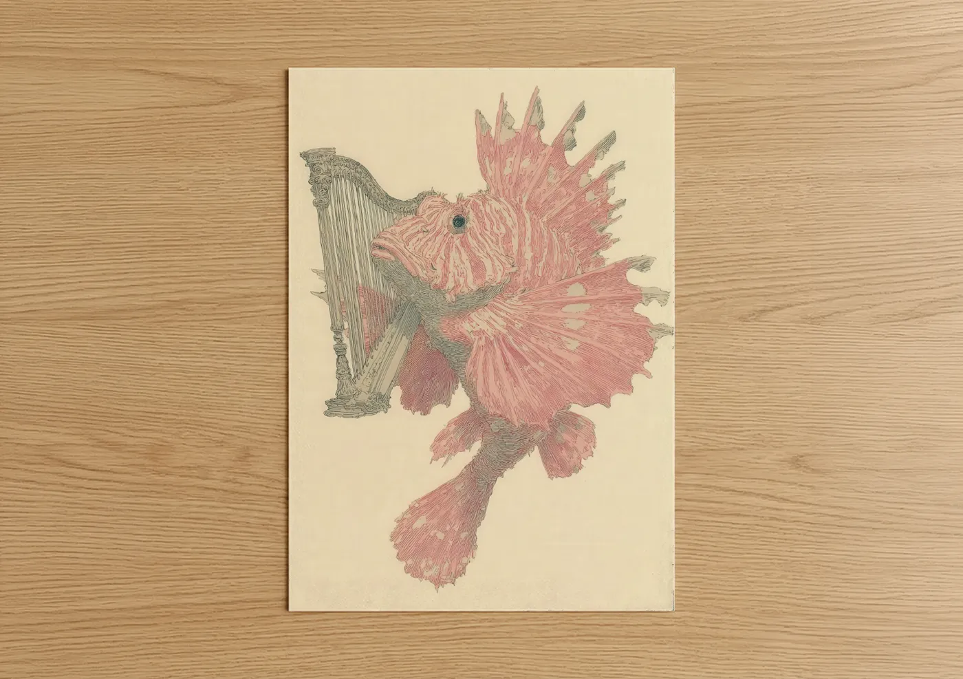 Pink Lionfish with Harp Illustration Wall Art
