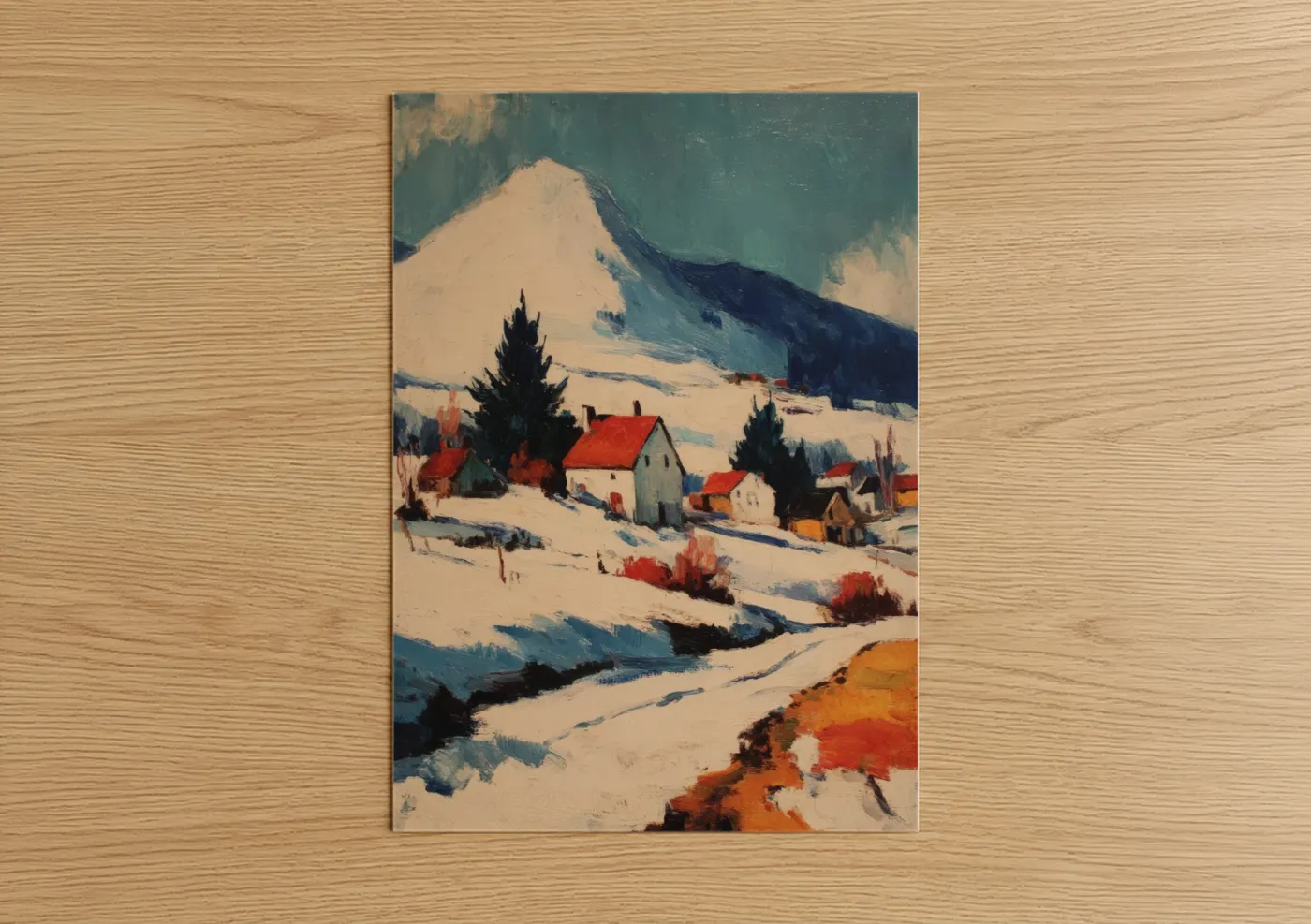 Snowy Mountain Alpine Village Landscape Wall Art
