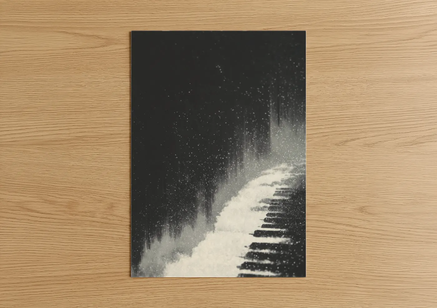 Art print on warm oak wood — black and white and gray palette — Classical Piano Keys poster