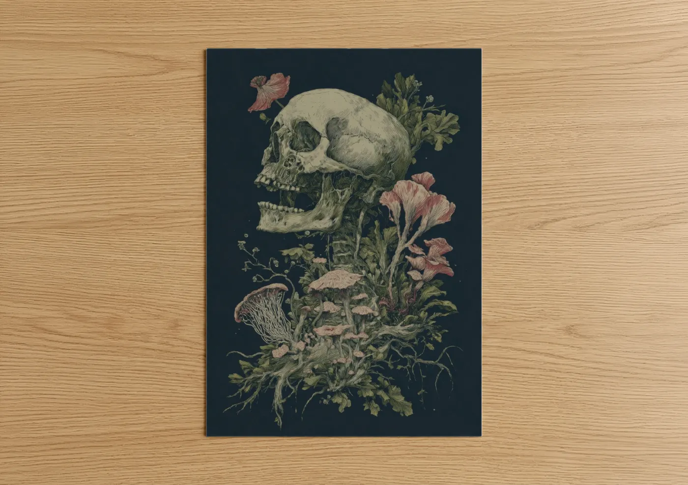 Art print on warm oak wood — dark green and pink palette — Botanical Zombie poster