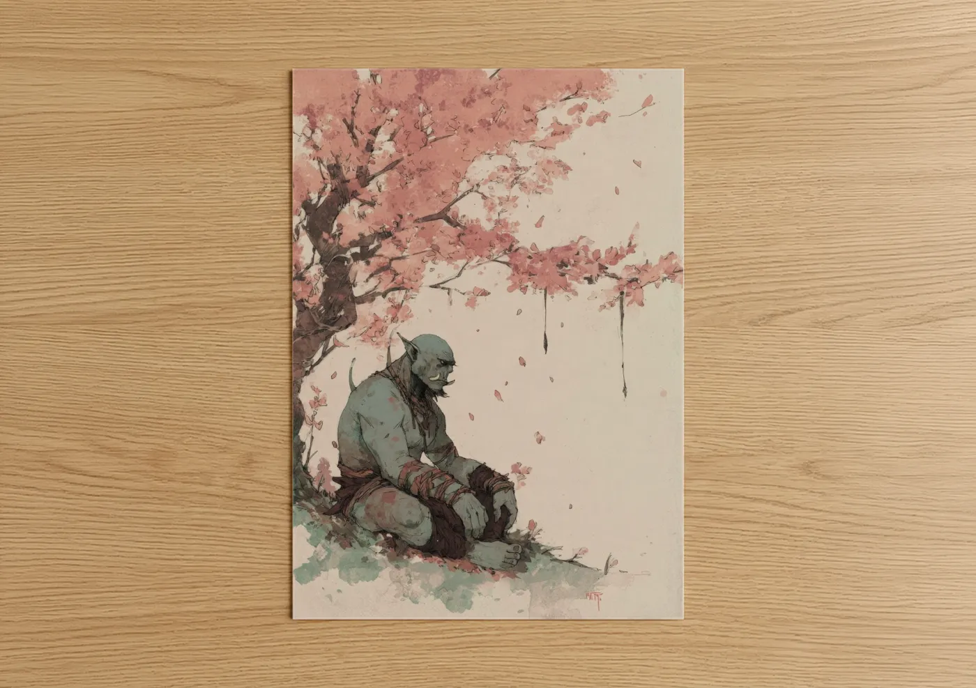 Contemplative Orc Under Cherry Blossoms Wall Art