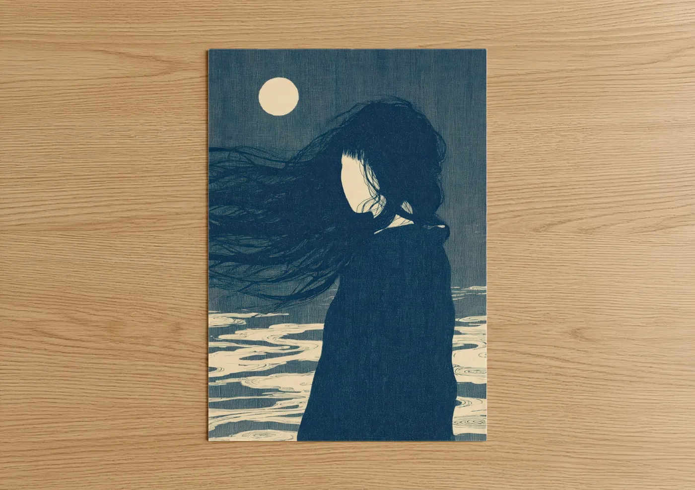 Art print on warm oak wood — dark blue and cream palette — Moonlit Hair poster