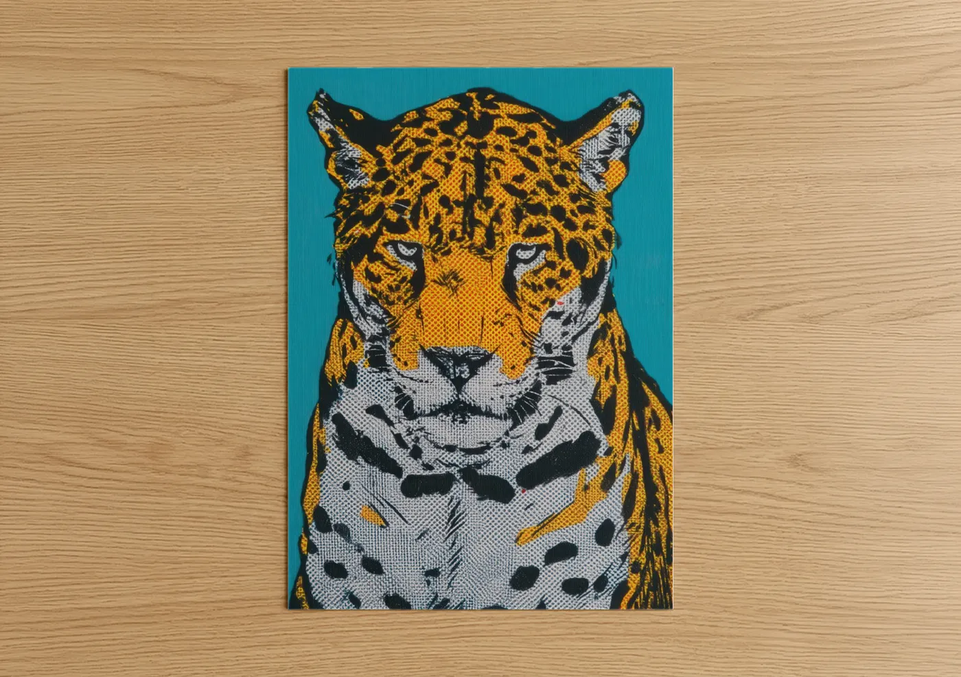 Art print on warm oak wood — gold and turquoise palette — Golden Jaguar poster