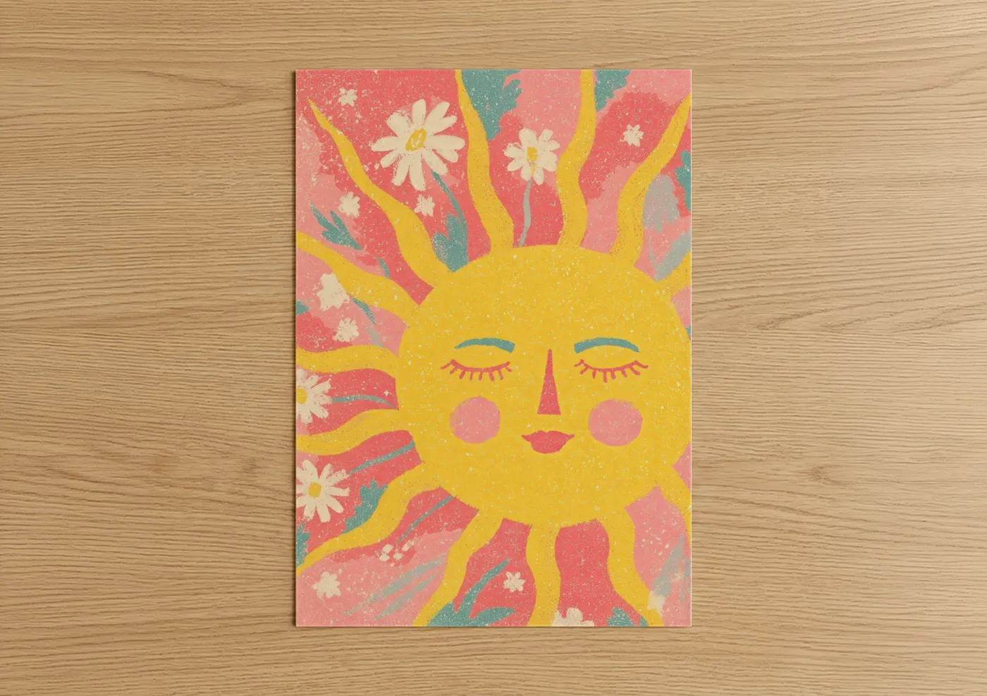 The sun art print on warm oak wood — yellow and pink palette — Peaceful Sun poster