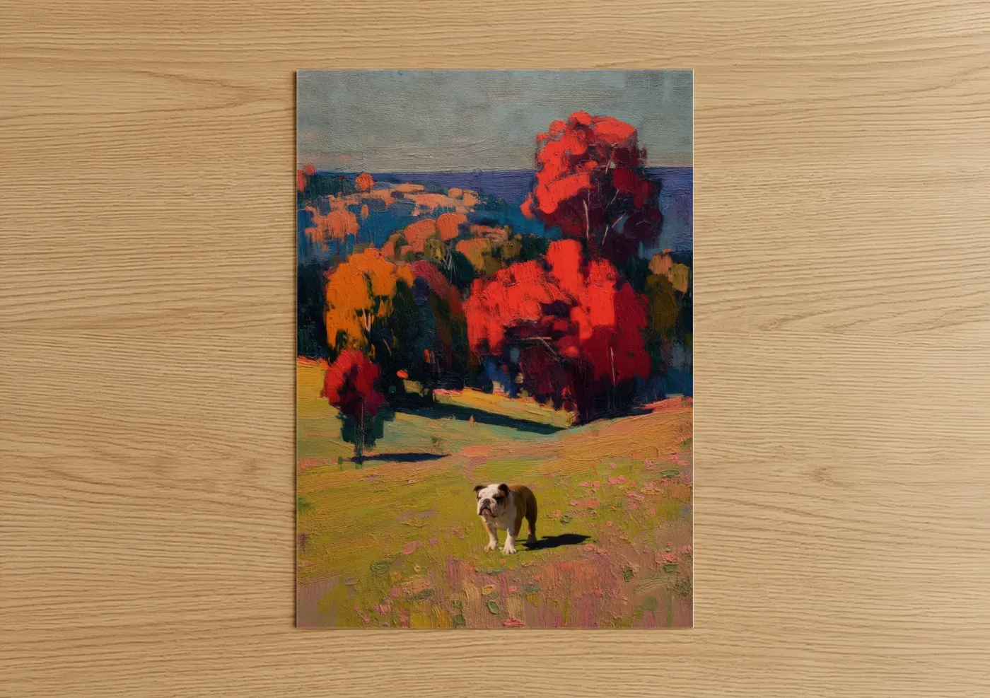 Art print on warm oak wood — orange and blue palette — Autumn Bulldog poster