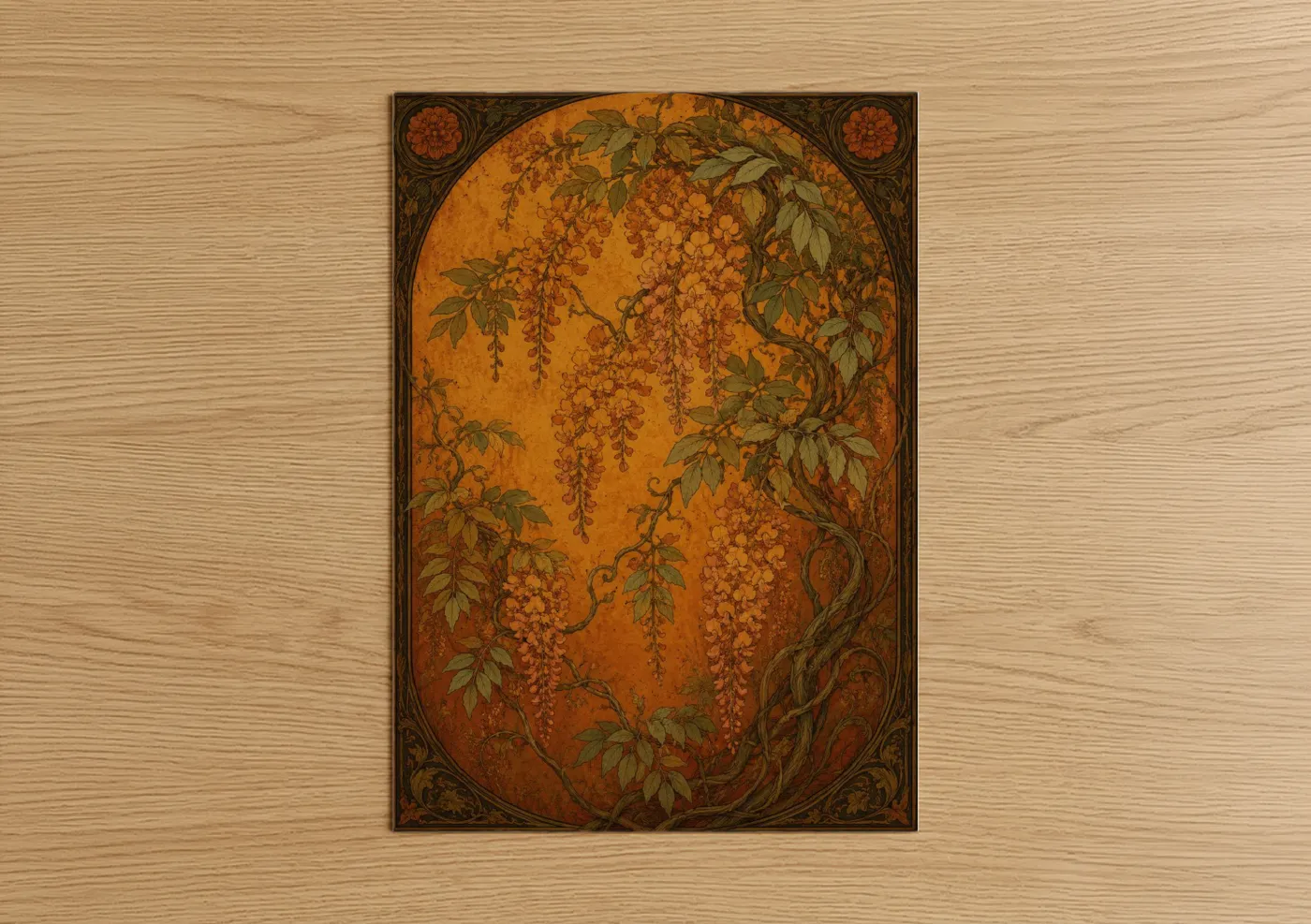 Art print on warm oak wood — orange and gold palette — Golden Wisteria Botanical Wall Art poster