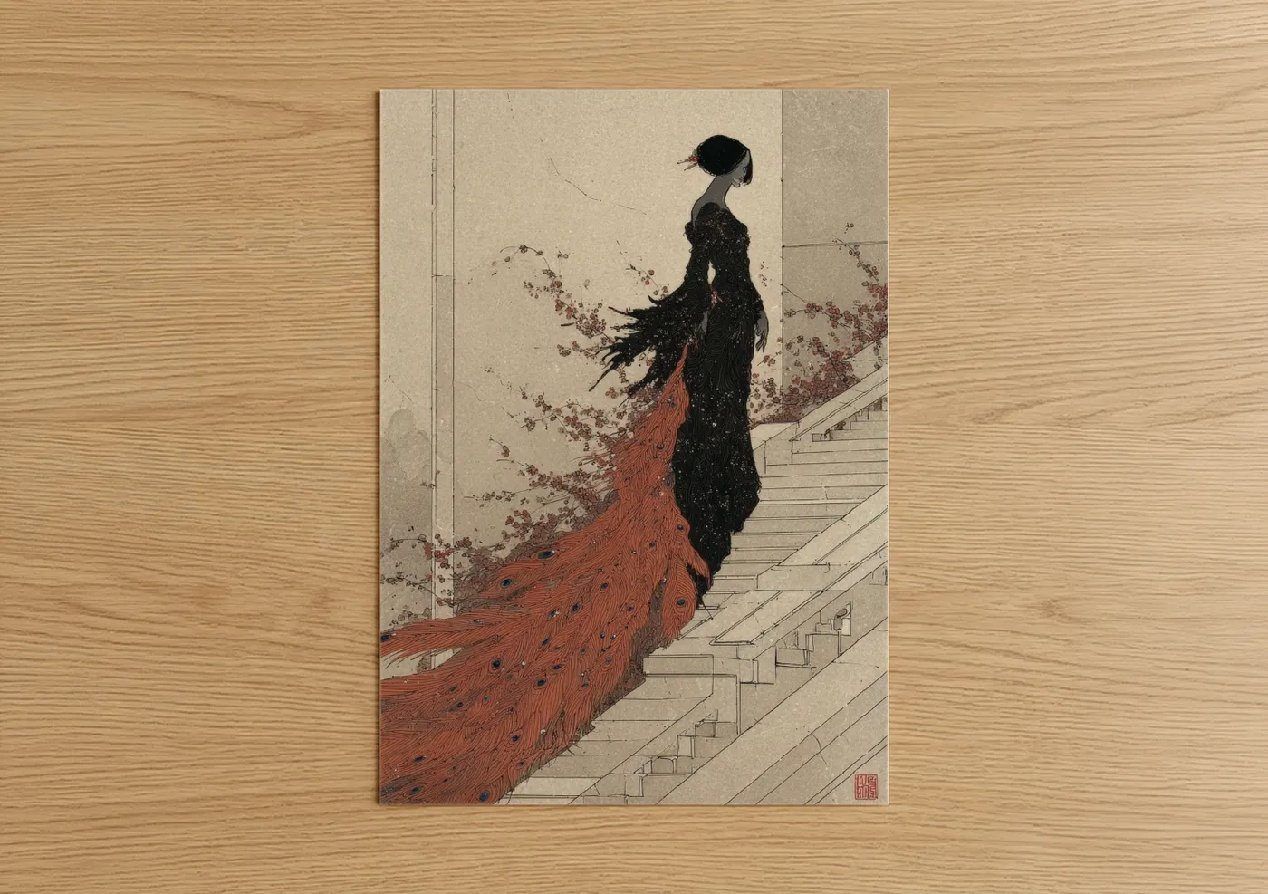 Art print on warm oak wood — black and russet palette — Crimson Phoenix Ascending poster