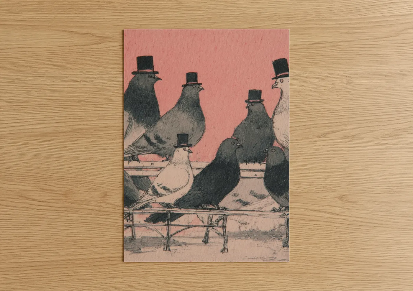 Retro fashion art print on warm oak wood — salmon pink and black and white palette — Dapper Pigeons poster