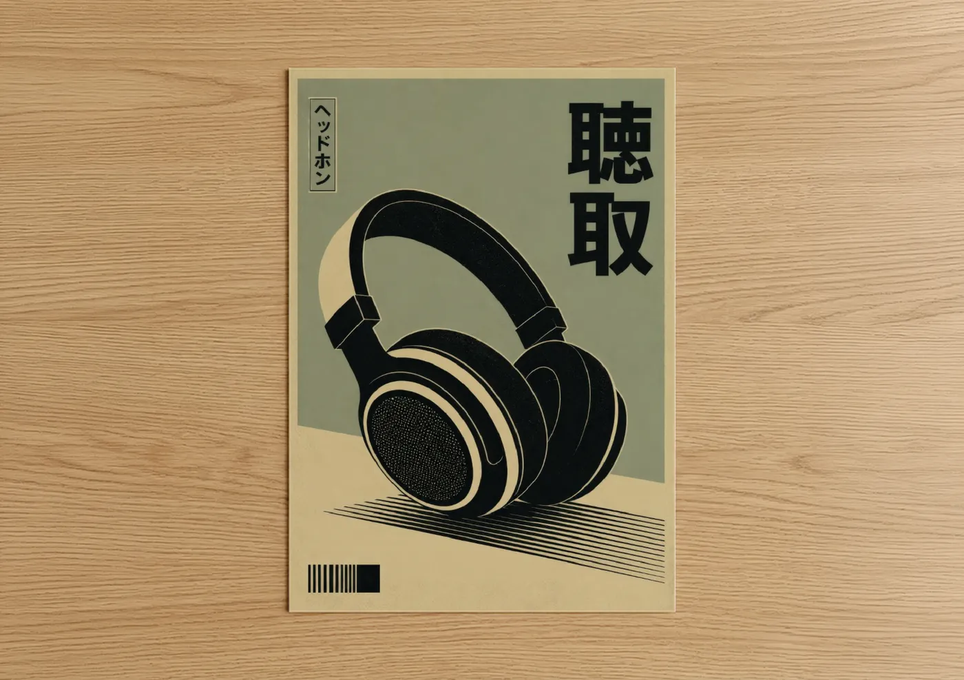 Art print on warm oak wood — black and beige palette — Vintage Japanese Headphones Wall Art poster