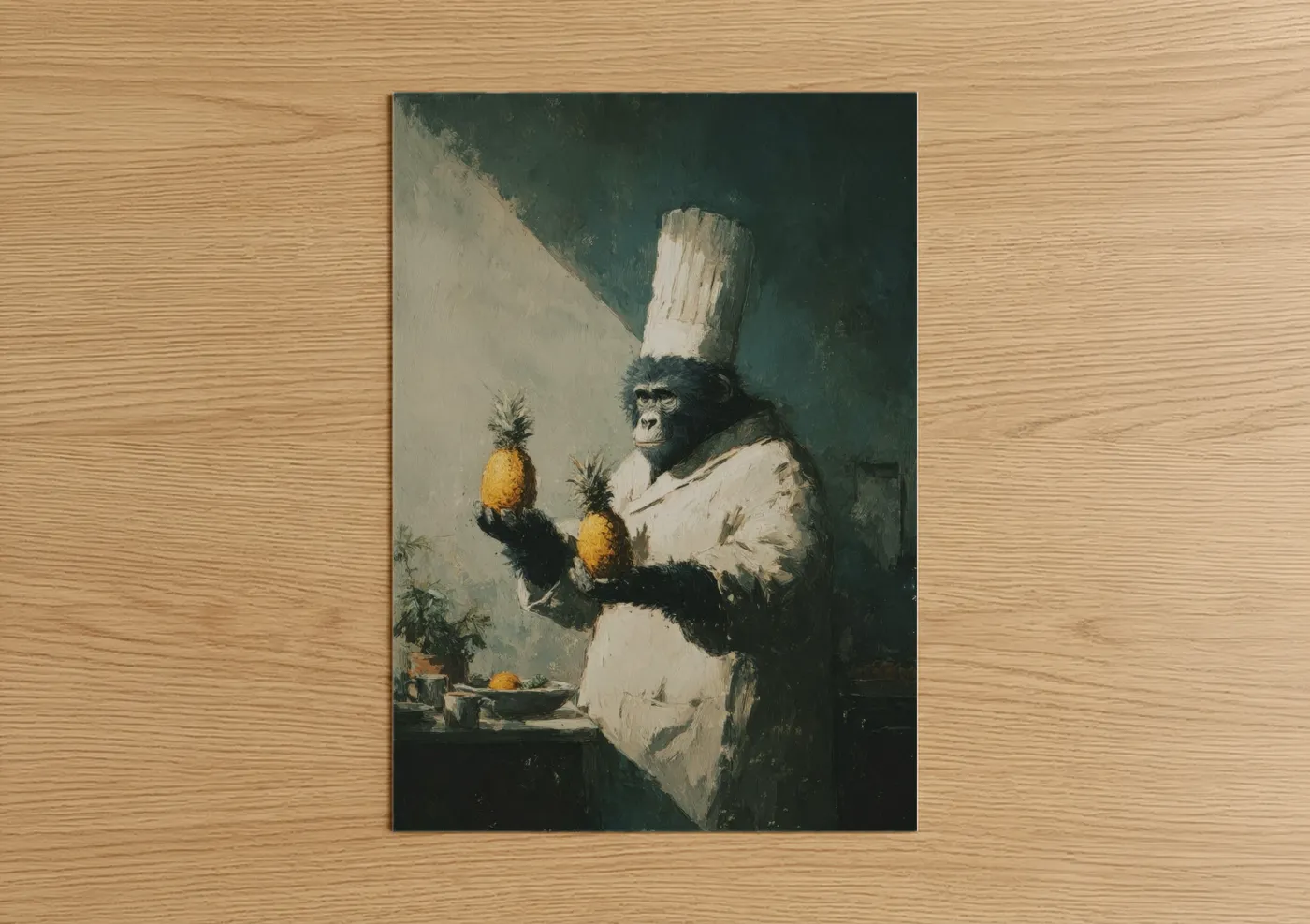 Art print on warm oak wood — sage green and cream palette — Chef Chimpanzee poster