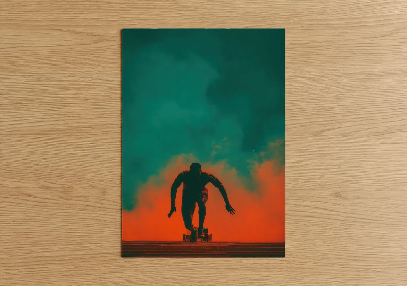 Track and field art print on warm oak wood — teal and orange palette — Starting Block Sprint poster