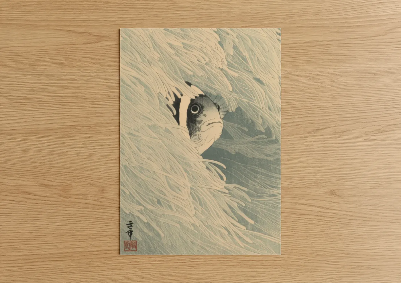 Striped Clownfish in Coral Japanese Art Wall Art