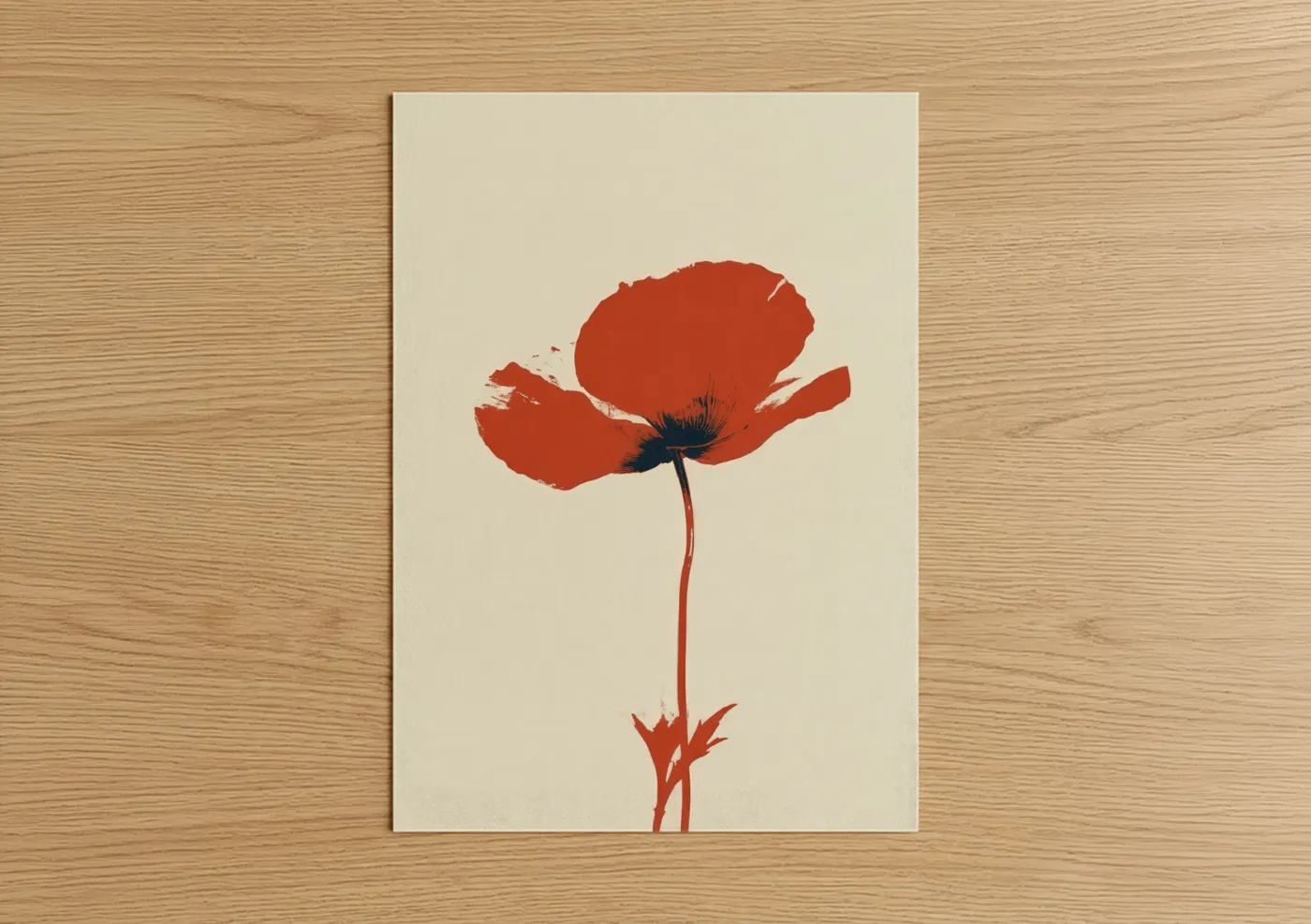Poppies art print on warm oak wood — red and cream palette — Crimson Poppy poster