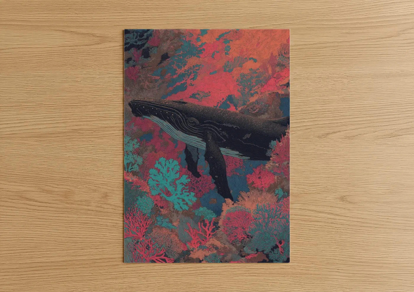 Humpback whale art print on warm oak wood — turquoise palette — Coral Whale poster
