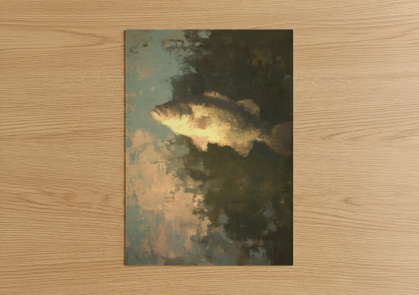 Art print on warm oak wood — gold and dove gray palette — Golden Bass poster