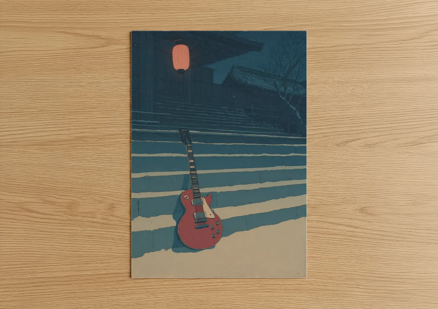 Red Electric Guitar Japanese Night Scene Wall Art