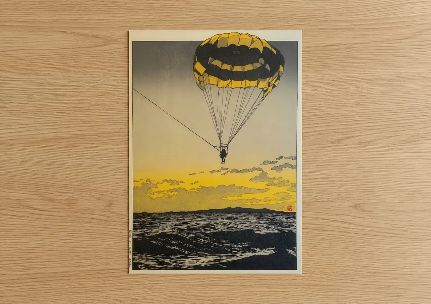 Parasailing art print on warm oak wood — gold and black palette — Golden Parasail Descent poster