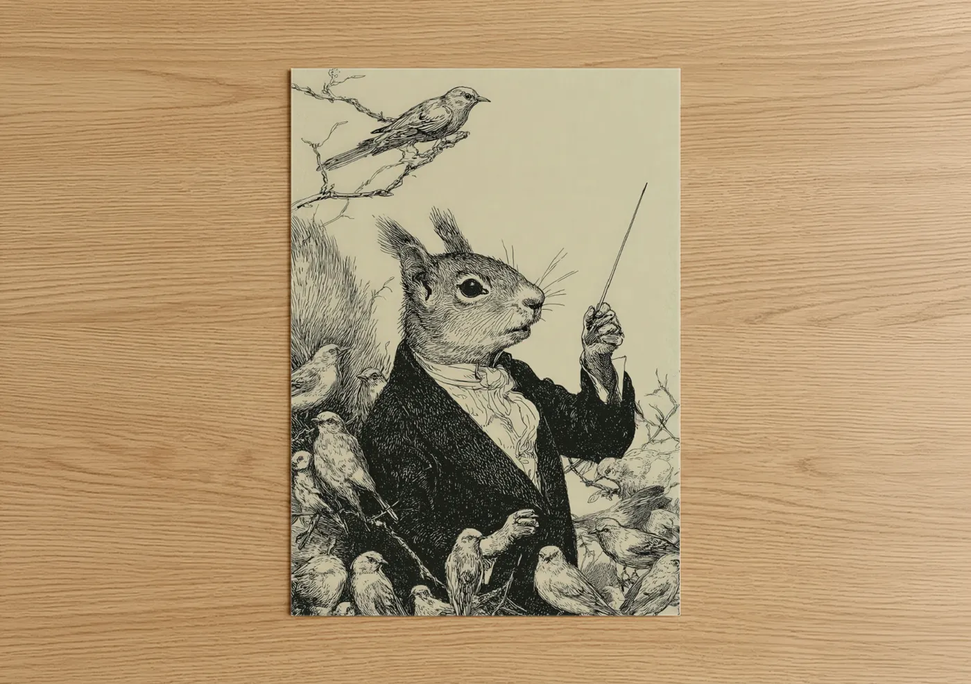 Art print on warm oak wood — black and white and cream palette — Conductor Squirrel poster