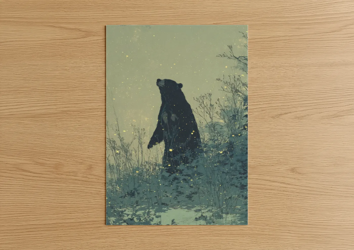 Art print on warm oak wood — sage green and gold palette — Nocturnal Sloth Bear poster