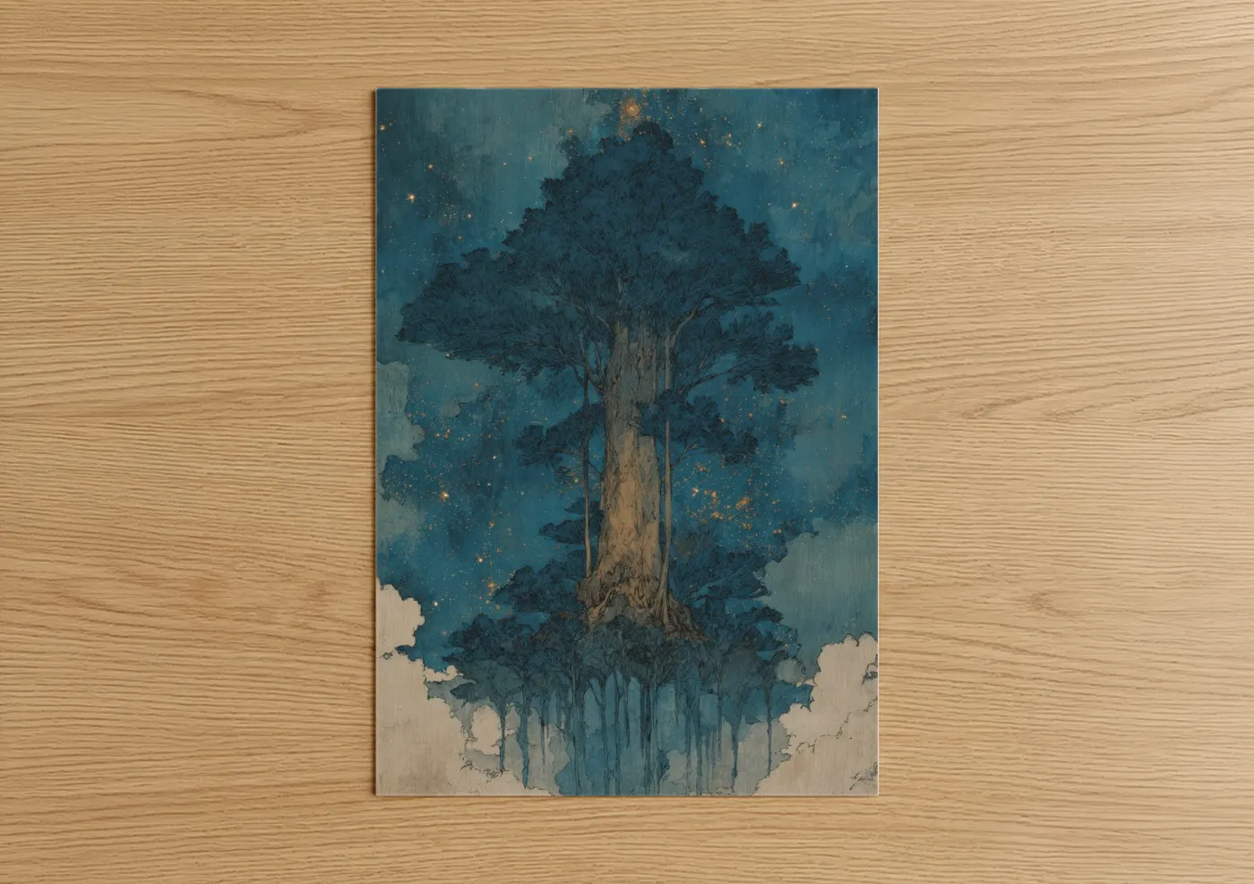 Kauri tree art print on warm oak wood — teal and gold palette — Starlit Kauri poster