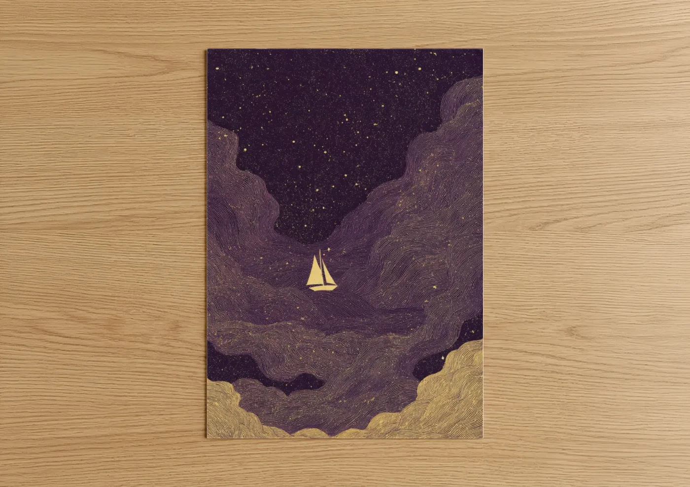 Sailing art print on warm oak wood — gold and purple palette — Starlit Sailboat poster