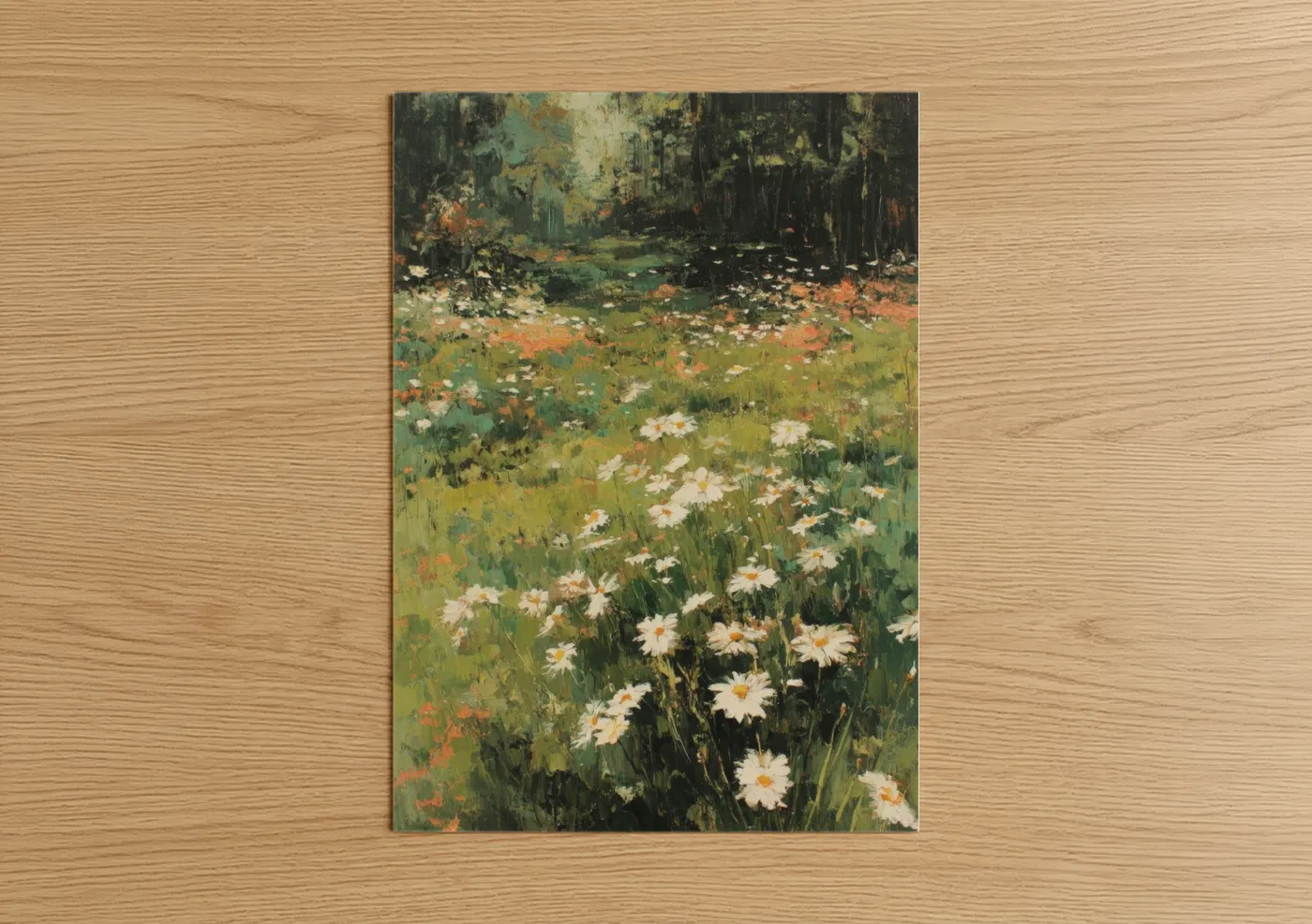 Art print on warm oak wood — dark green and cream palette — Forest Daisy Meadow poster