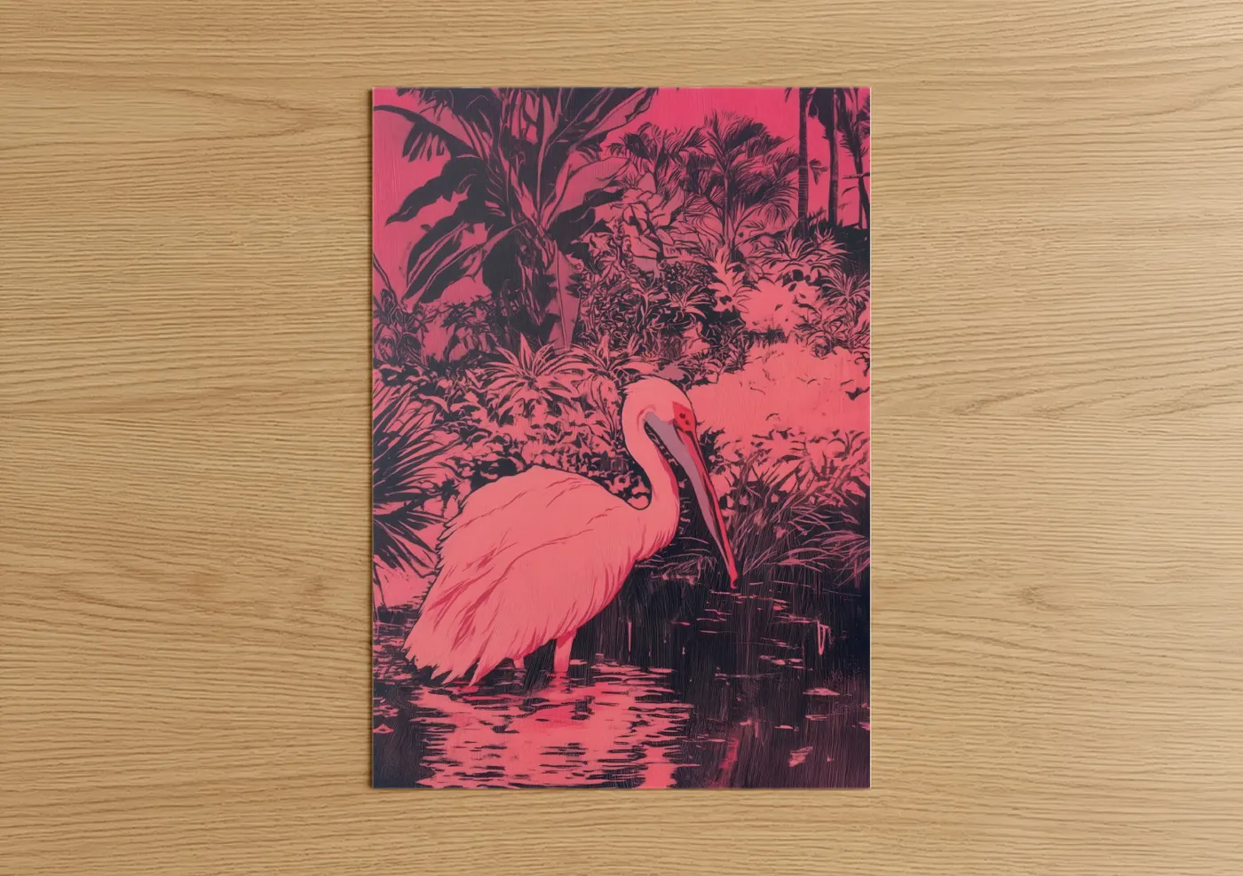 Art print on warm oak wood — magenta and black palette — Tropical Pelican poster