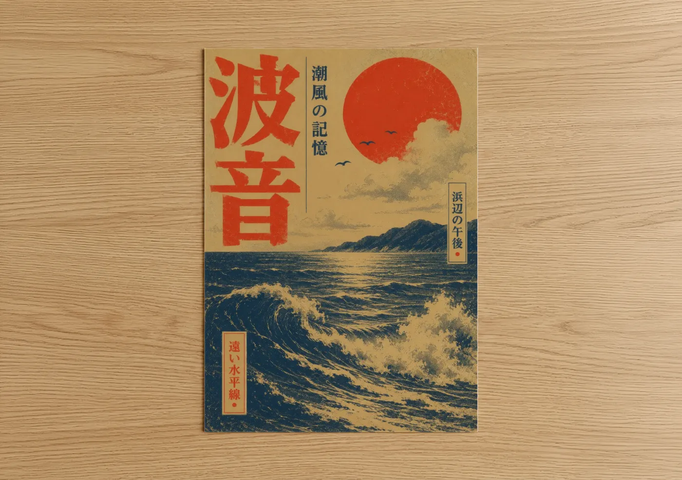 Seascapes and ocean art print on warm oak wood — orange and blue palette — Japanese Ocean Sunset Wall Art poster