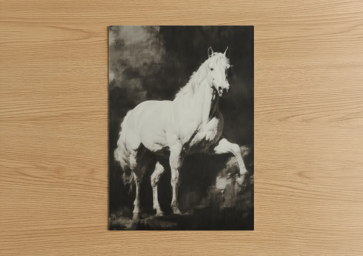 Art print on warm oak wood — black and white and gray palette — Noble Quarter Horse poster