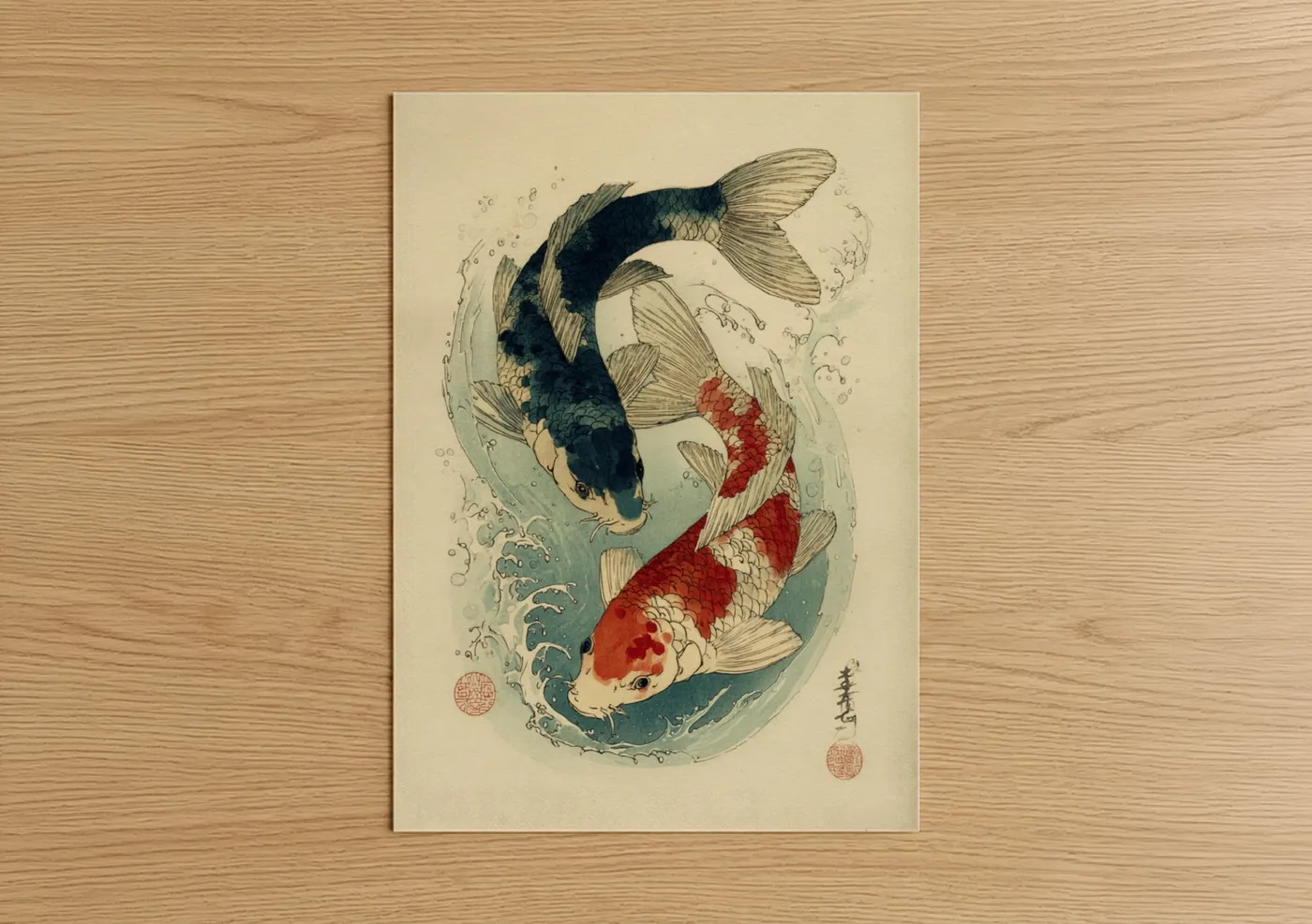 Yin Yang Koi Fish Japanese Woodblock Wall Art