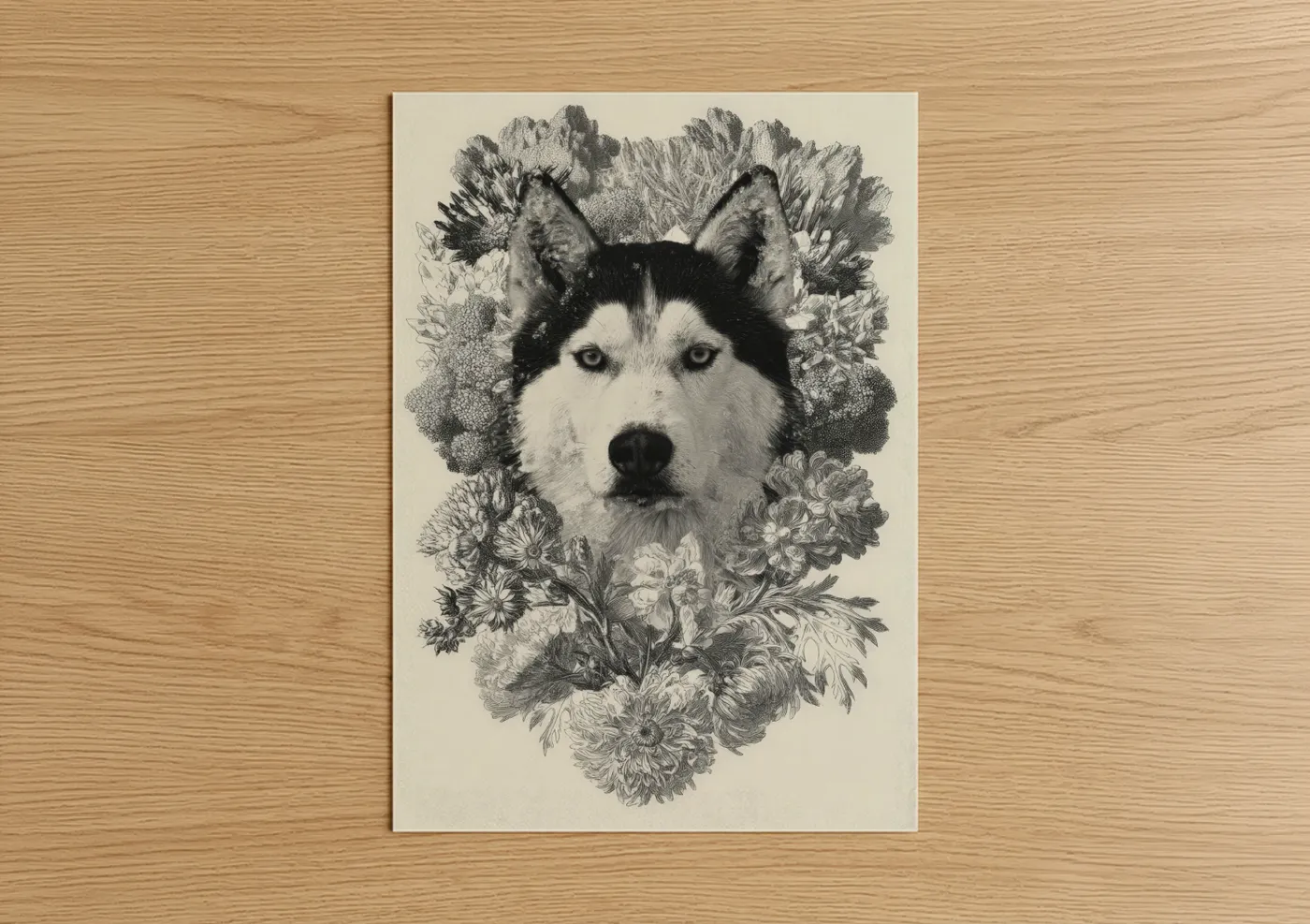 Black and White Husky Floral Portrait Wall Art