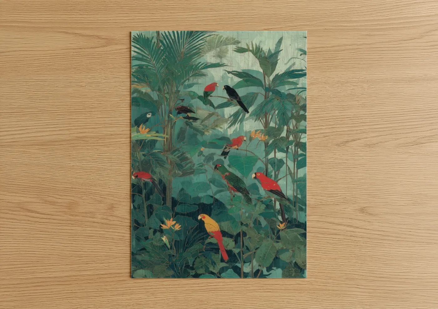 Tropical trees art print on warm oak wood — teal and red palette — Tropical Canopy Paradise poster