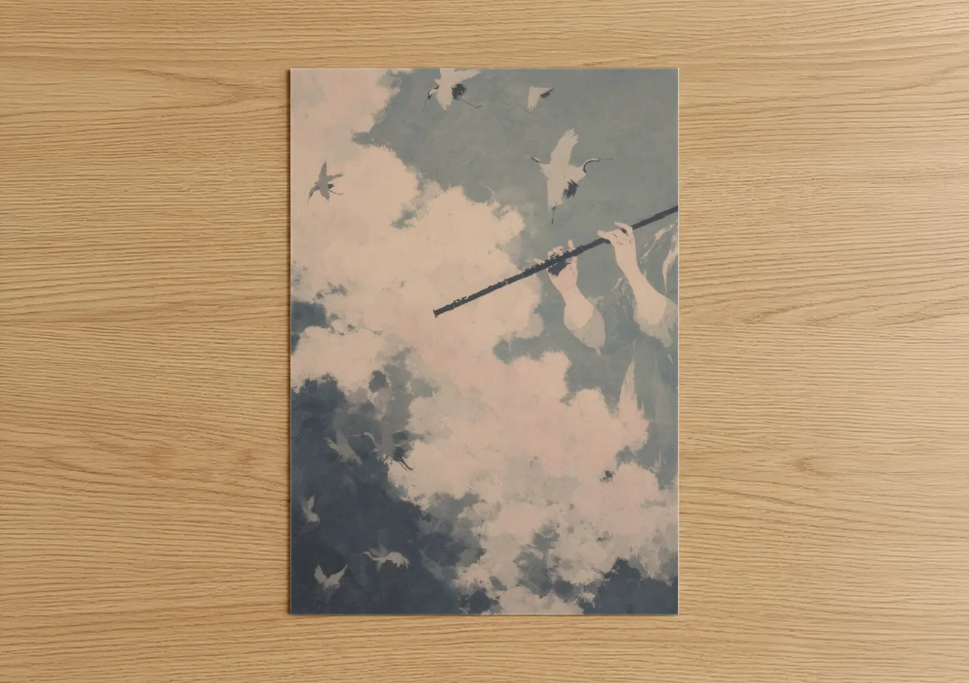Flute art print on warm oak wood — peach and dove gray palette — Celestial Flutist poster