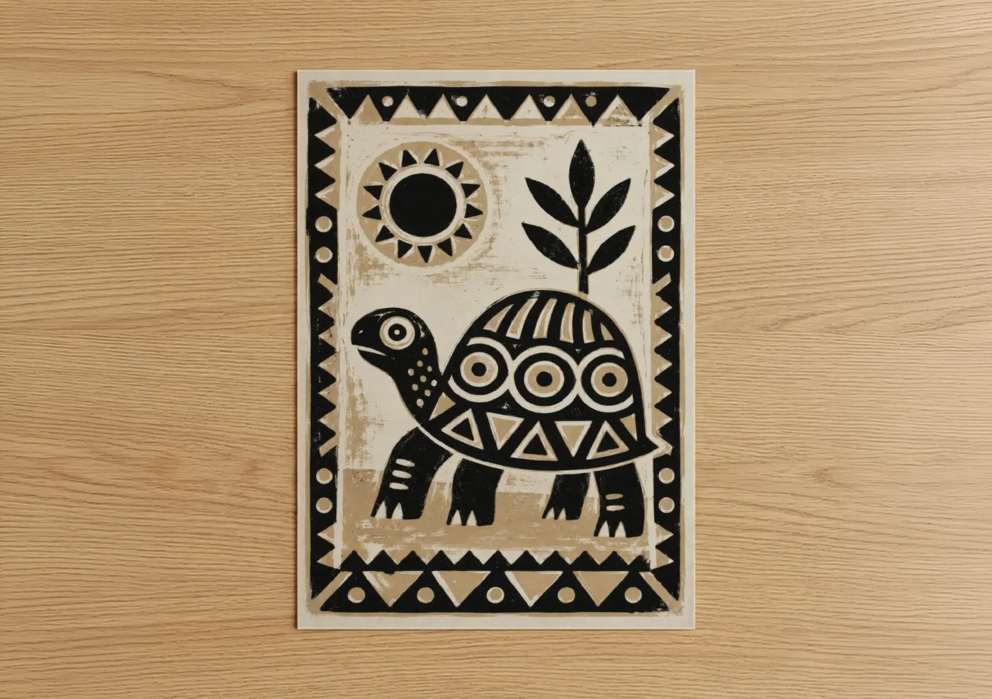 Art print on warm oak wood — black and white and beige palette — Geometric Turtle Folk Art Wall Art poster