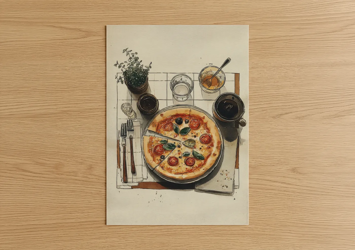 Fast food art print on warm oak wood — cream and black and white palette — Margherita Flatlay poster