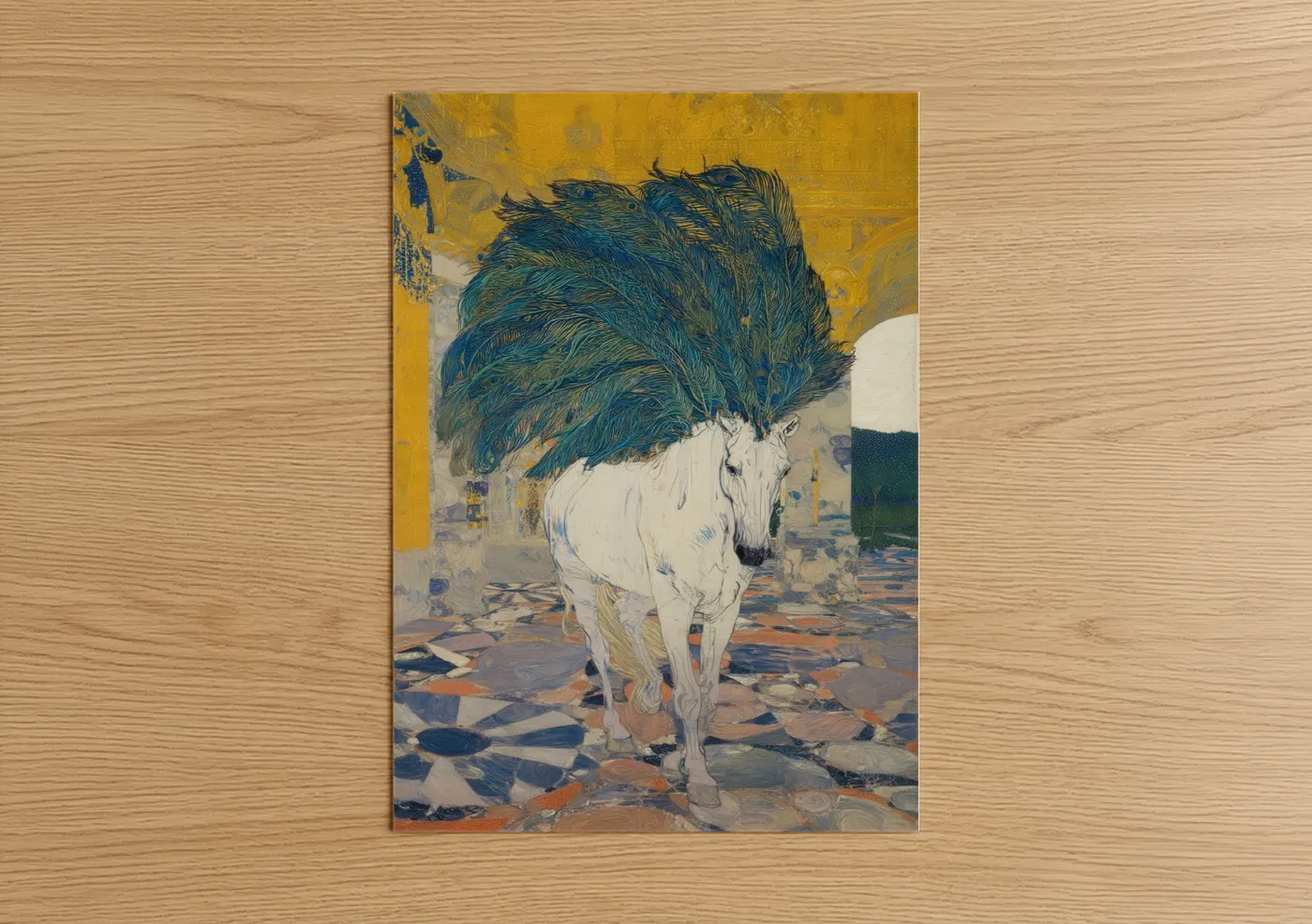 Andalusian horse art print on warm oak wood — gold and blue palette — Windswept Andalusian poster