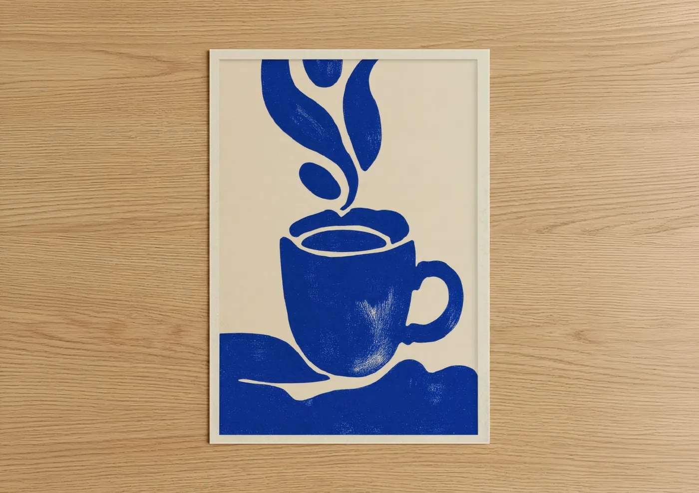 Art print on warm oak wood — blue and cream palette — Steaming Coffee Minimal poster
