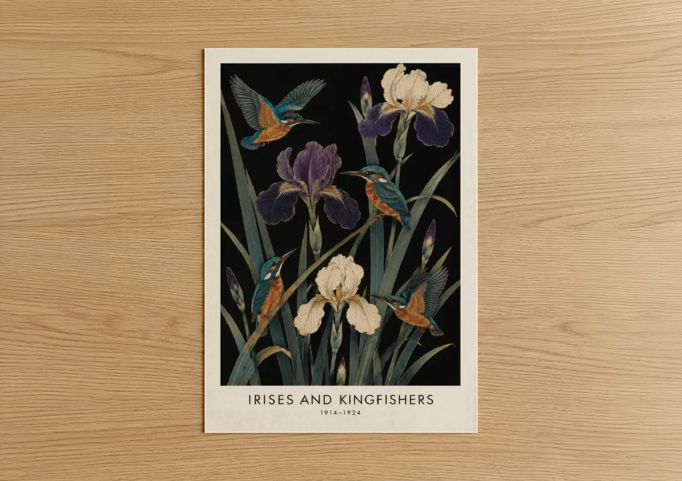 Art print on warm oak wood — black and gold and purple palette — Irises And Kingfishers Vintage Wall Art poster