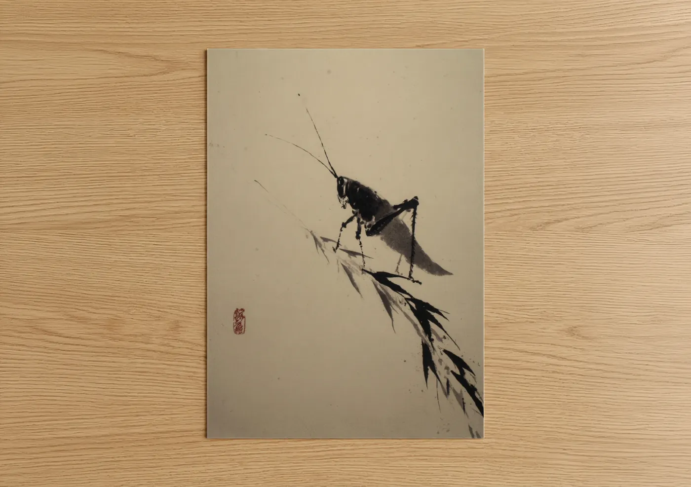 Grasshopper on Grass Branch Ink Wall Art