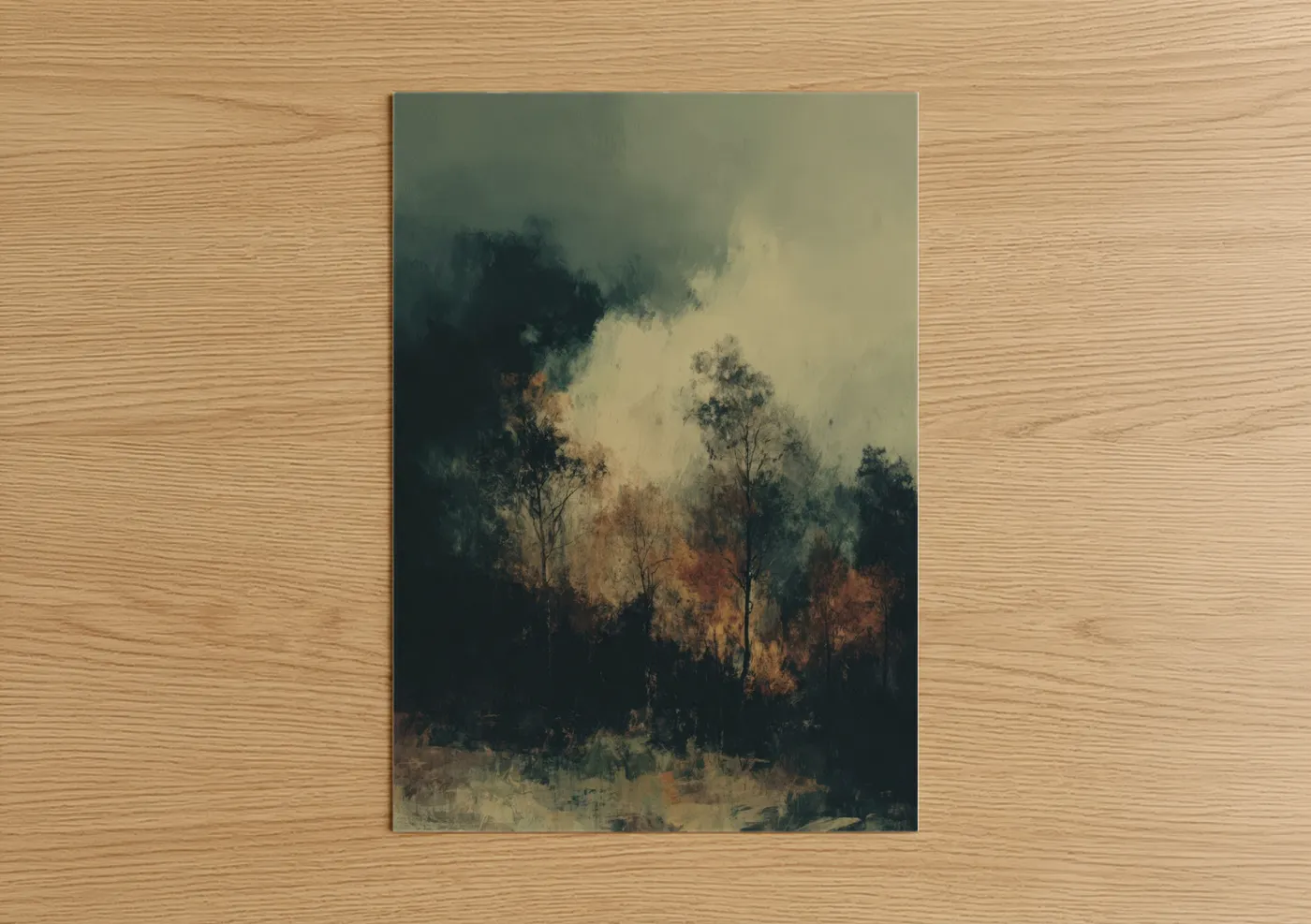 Forest trees art print on warm oak wood — teal and brown palette — Misty Forest Depth poster