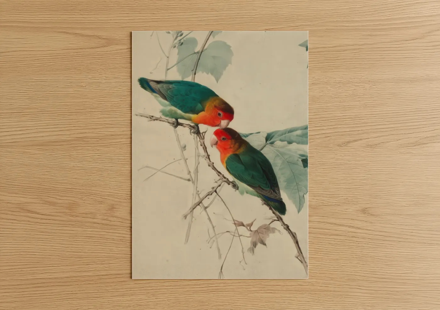 Safari parrots art print on warm oak wood — red and teal palette — Scarlet Parrots Perched poster
