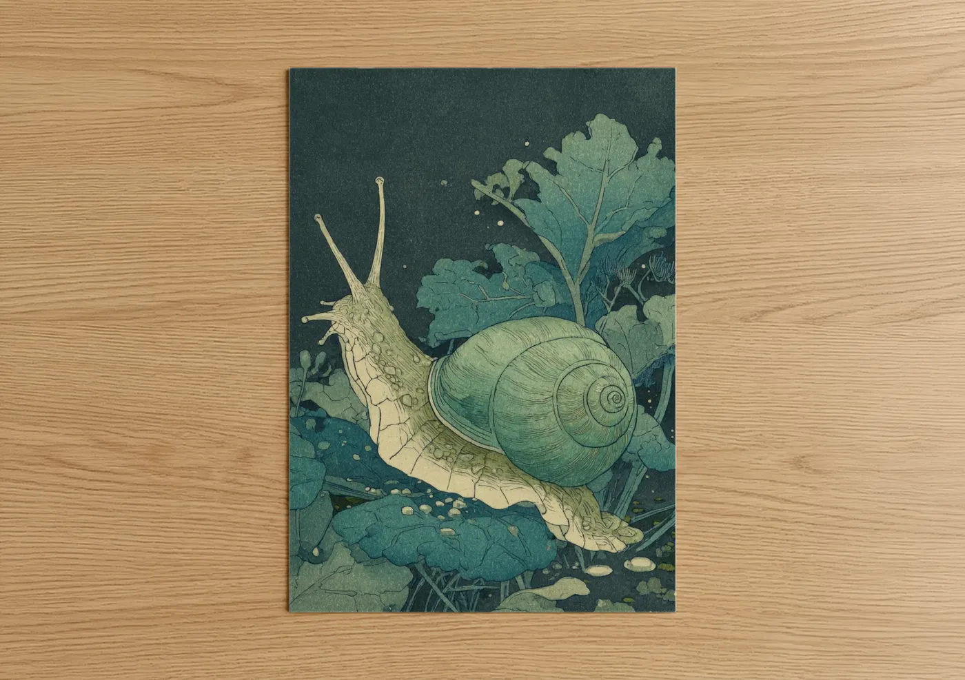 Art print on warm oak wood — sage green and cream palette — Garden Snail poster
