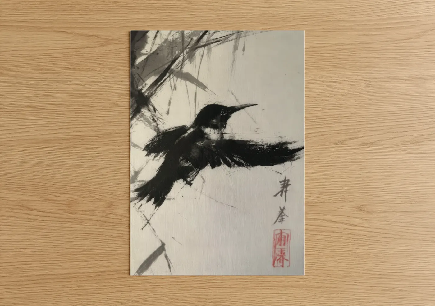 Art print on warm oak wood — black and white and gray palette — Brushstroke Hummingbird poster