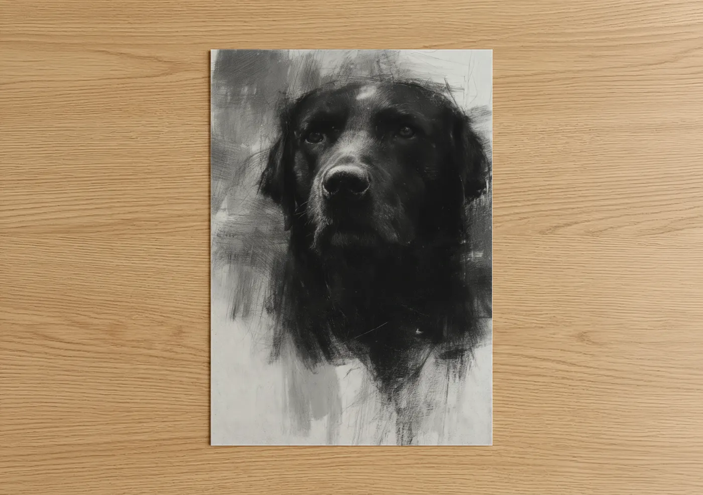 Art print on warm oak wood — black and white palette — Contemplative Retriever poster