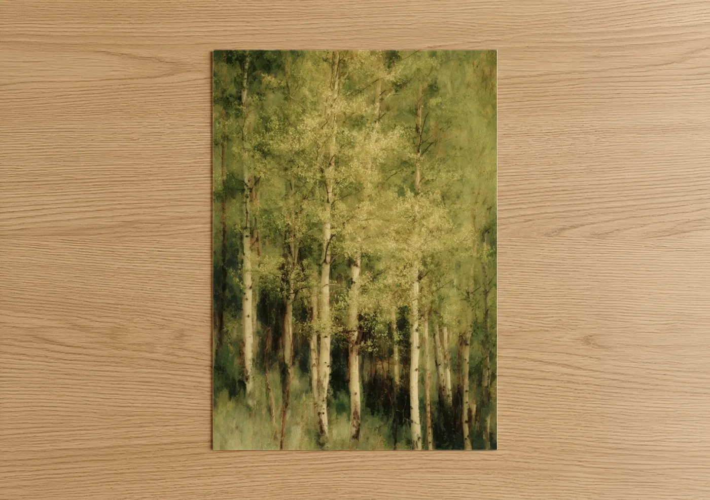 Aspen forest art print on warm oak wood — light green and gold and white palette — Golden Aspen Grove poster