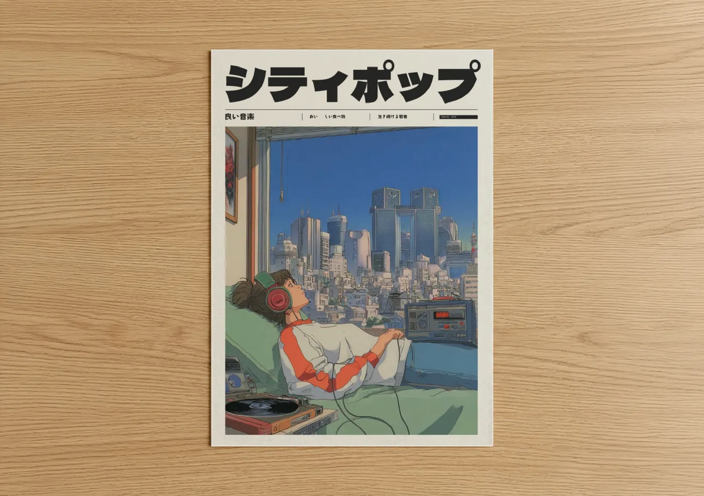 Anime and manga art print on warm oak wood — blue and orange palette — City Dreamer poster