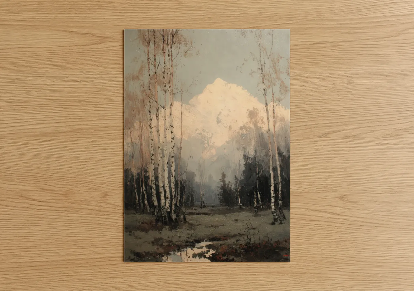 Snowy mountains art print on warm oak wood — cream and dove gray palette — Alpine Mountain Vista poster