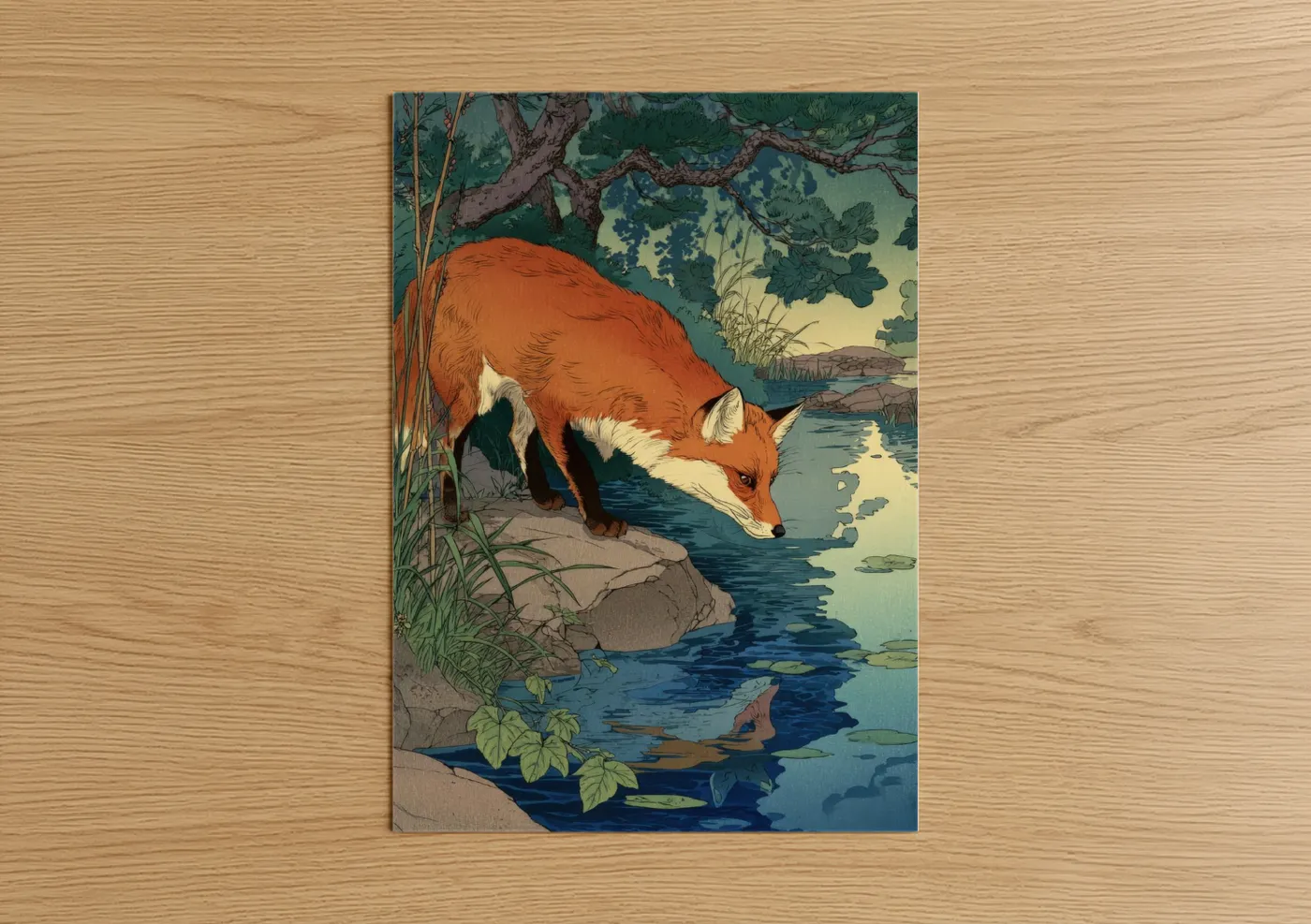 Red Fox by Stream Nature Illustration Wall Art