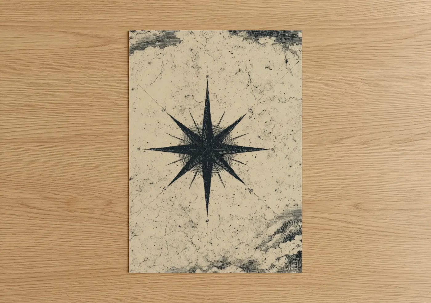 Art print on warm oak wood — black and white and cream palette — Vintage Navigation Star poster